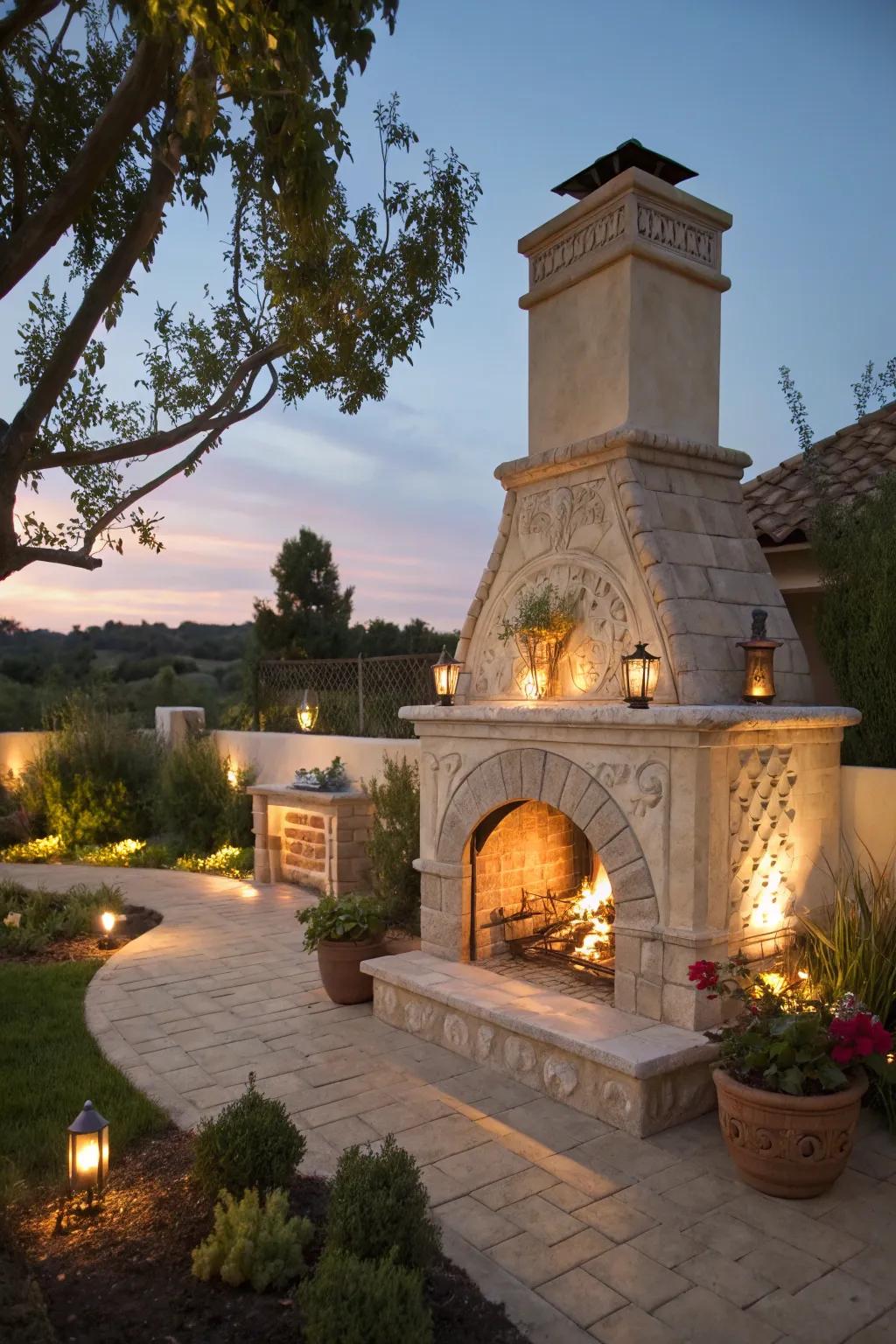 Ground-level lighting accentuates the elegance of outdoor fireplaces.