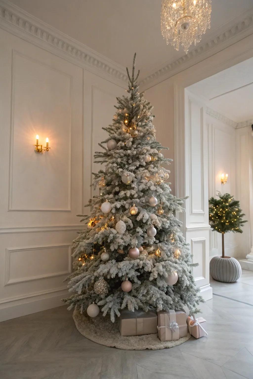 A flocked Christmas tree with a sophisticated simplicity theme.