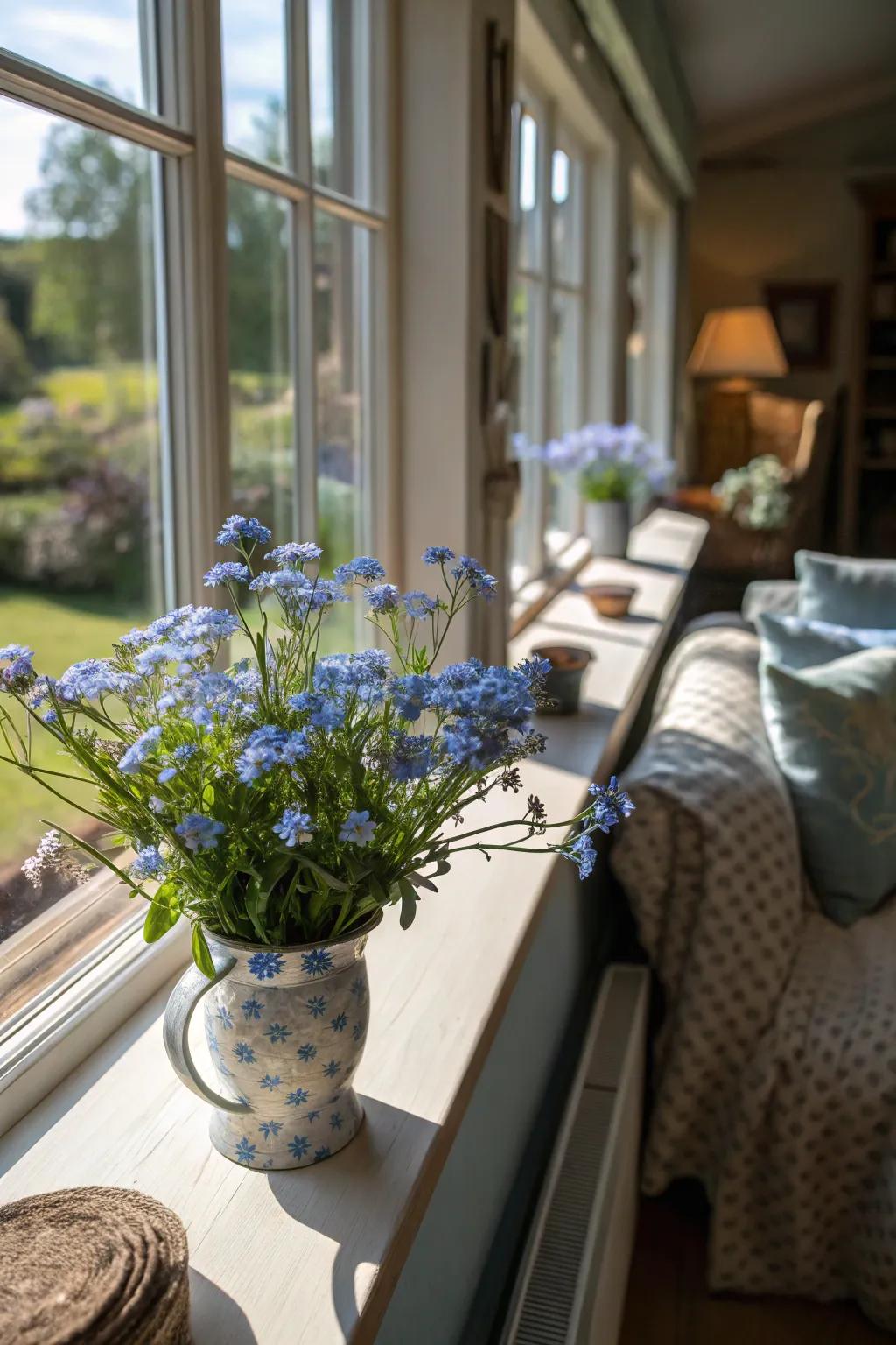 Casement ledges with forget-me-nots bring outdoor beauty indoors.