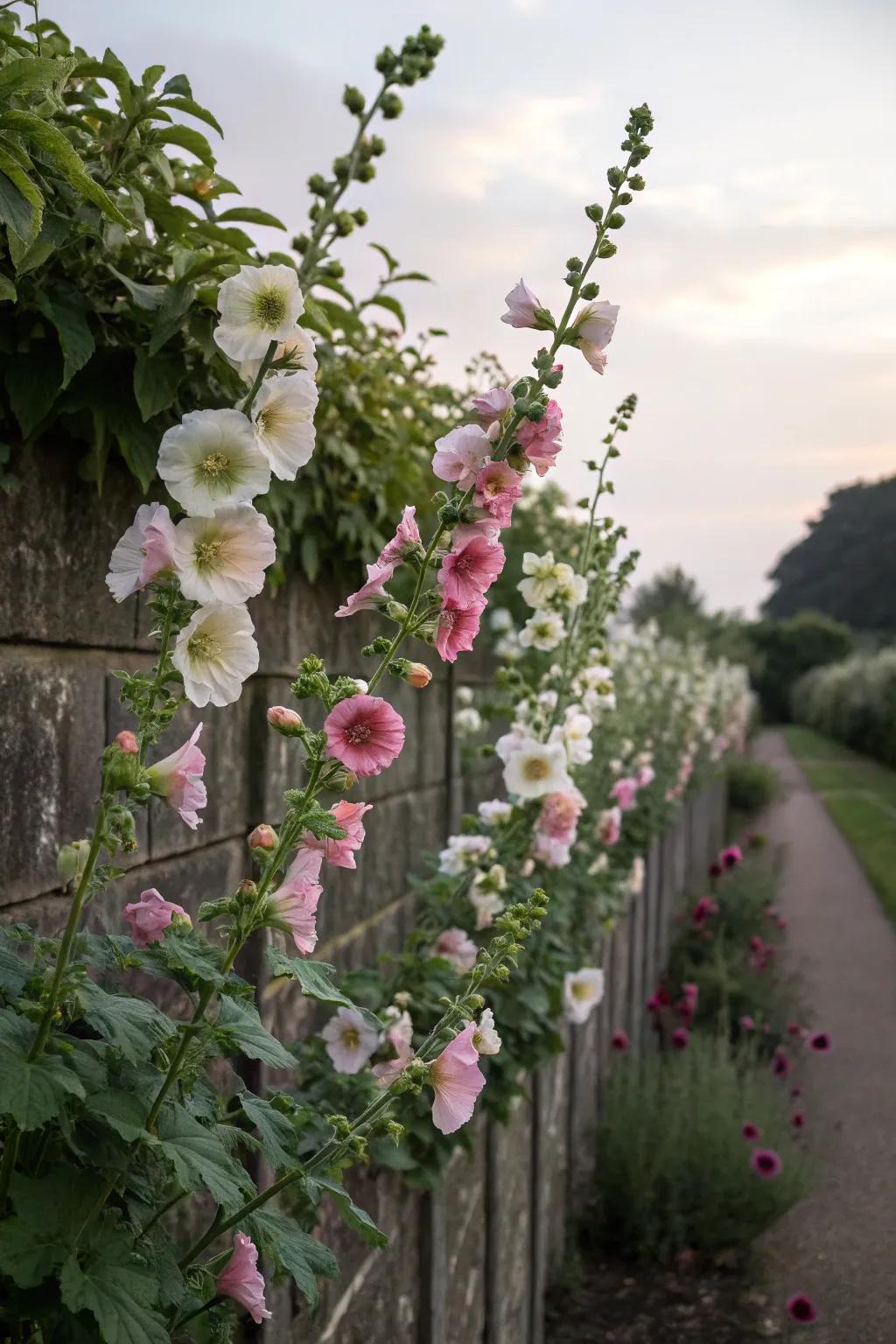 Stalkblooms adding cottage charm with pastel blossoms.