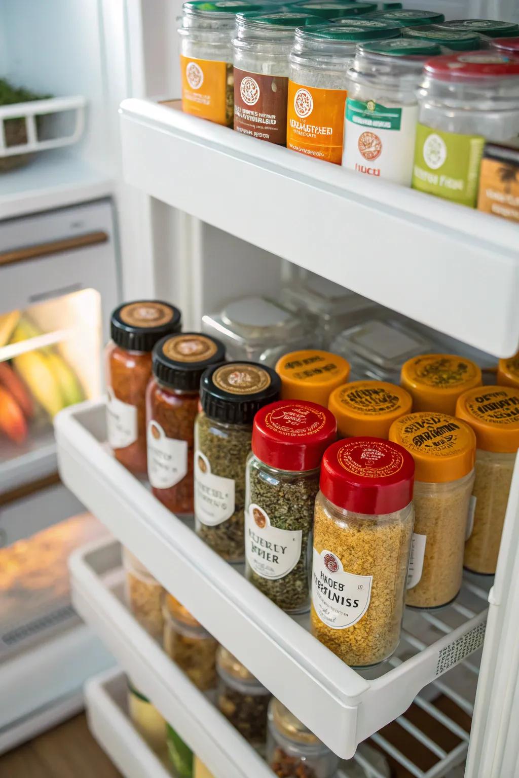 Spices stored in the refrigerator to maintain freshness.