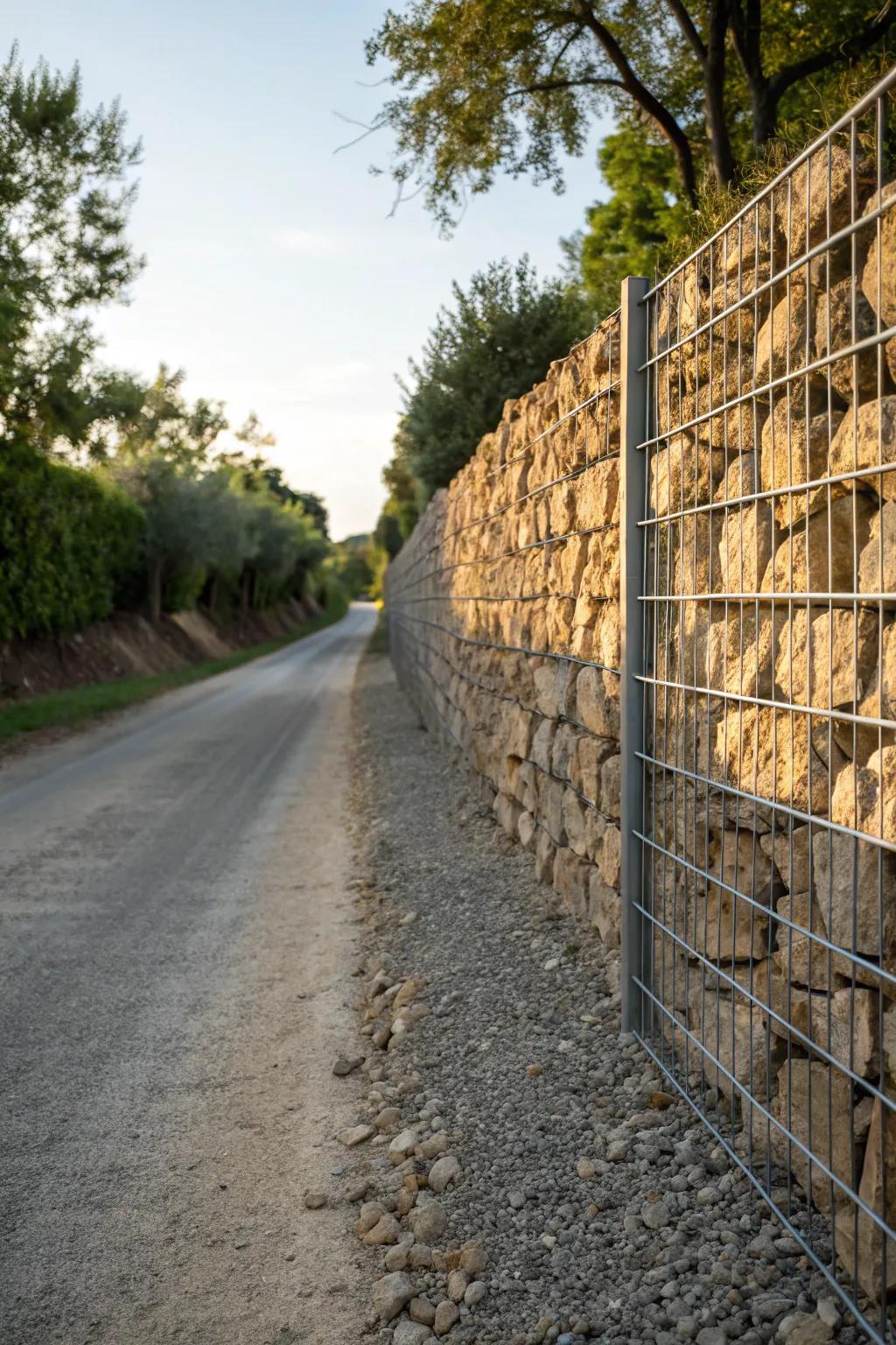 A rustic stone cage wall with stones and metal provides an industrial edge to the entrance.