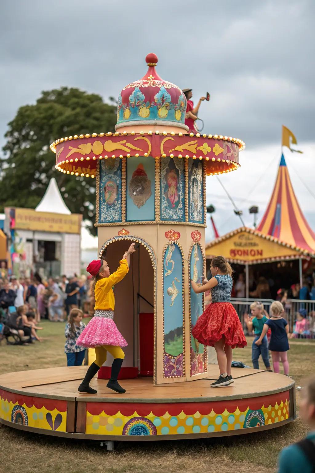Totems resembling small stages humorously replicate the festival vibe on a small scale.