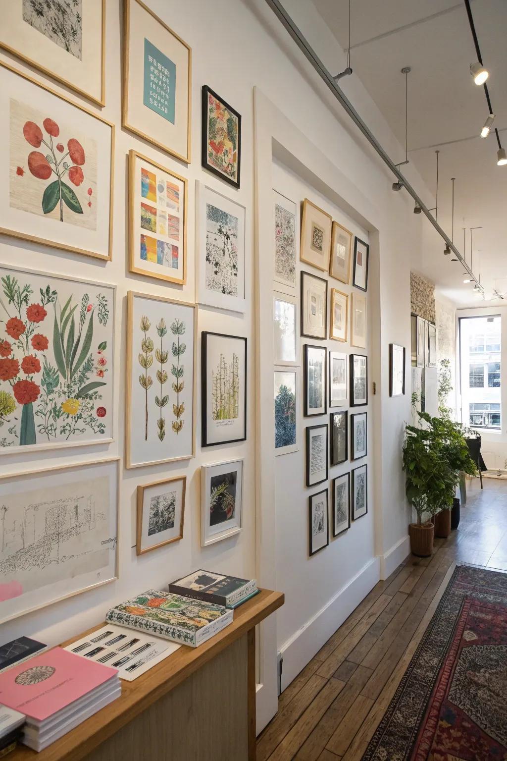 An artistic showcase features favorite prints and sketches, highlighting personal creativity.