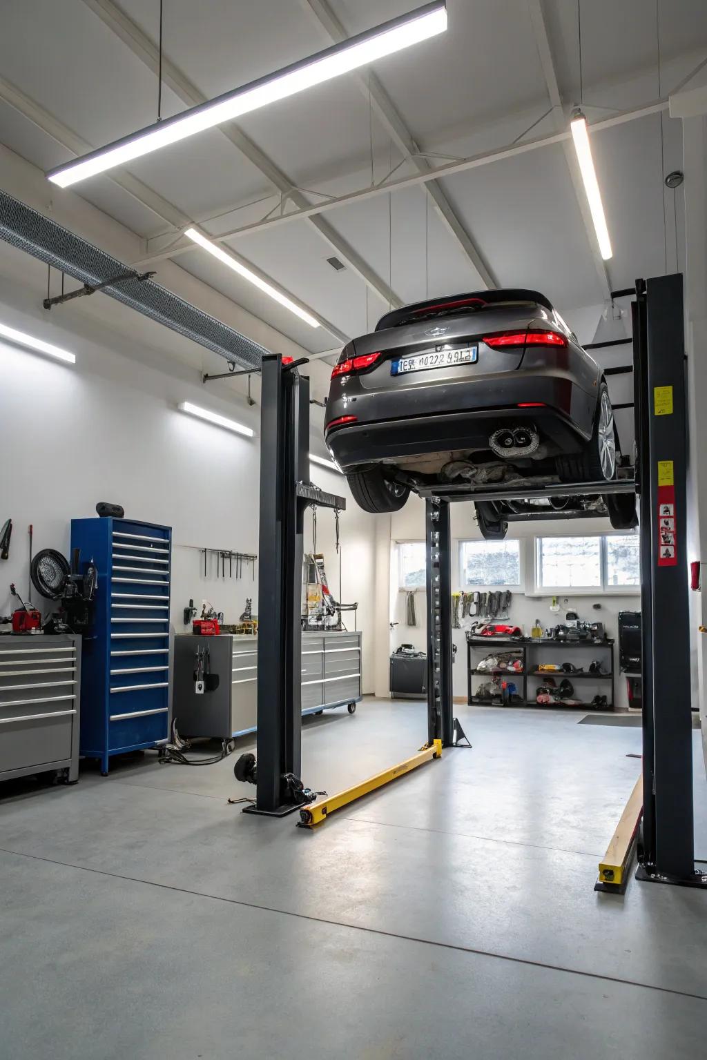 Hoists with integrated lighting enhance workspace visibility.