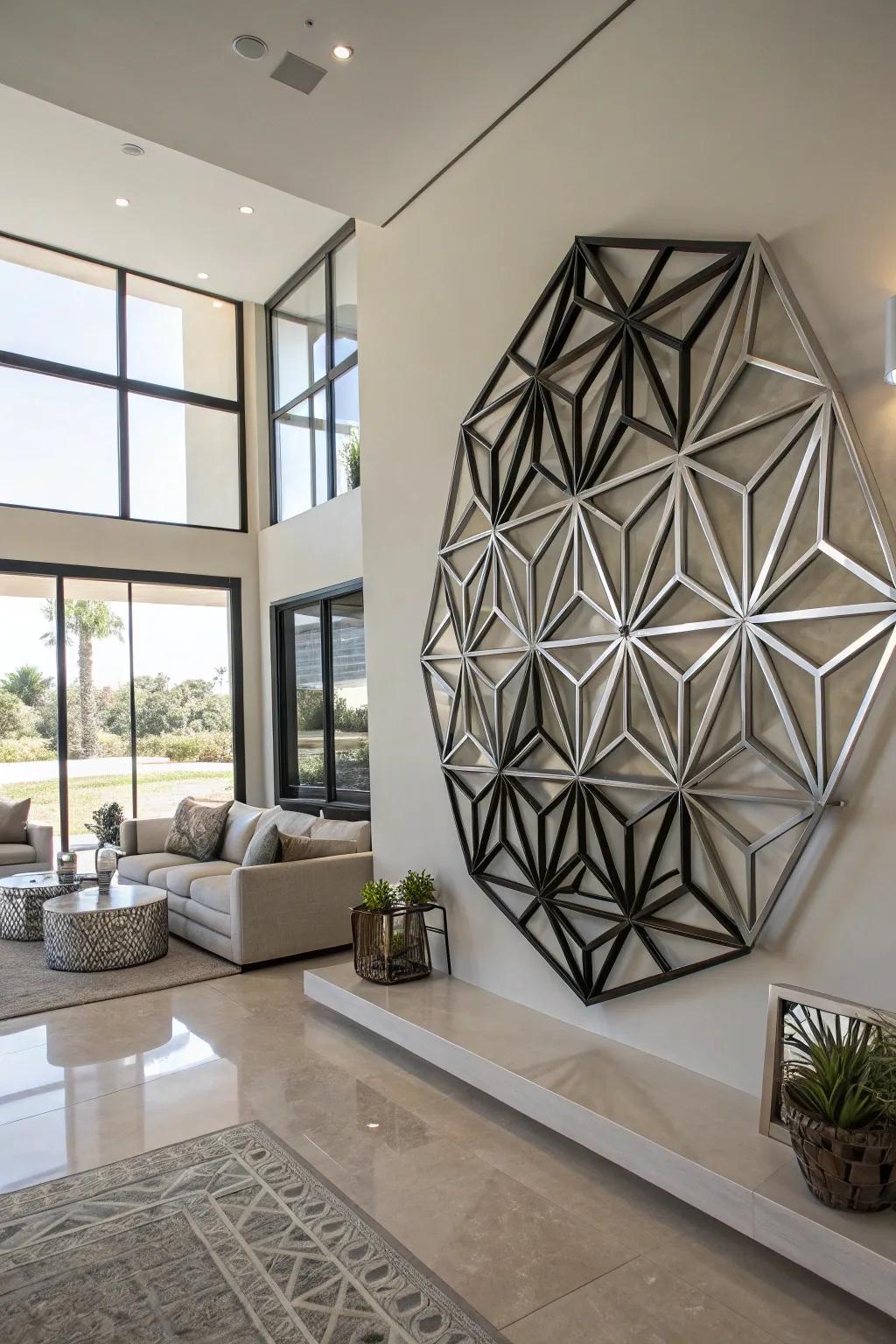 Geometric wall sculptures offer an architectural, striking statement.