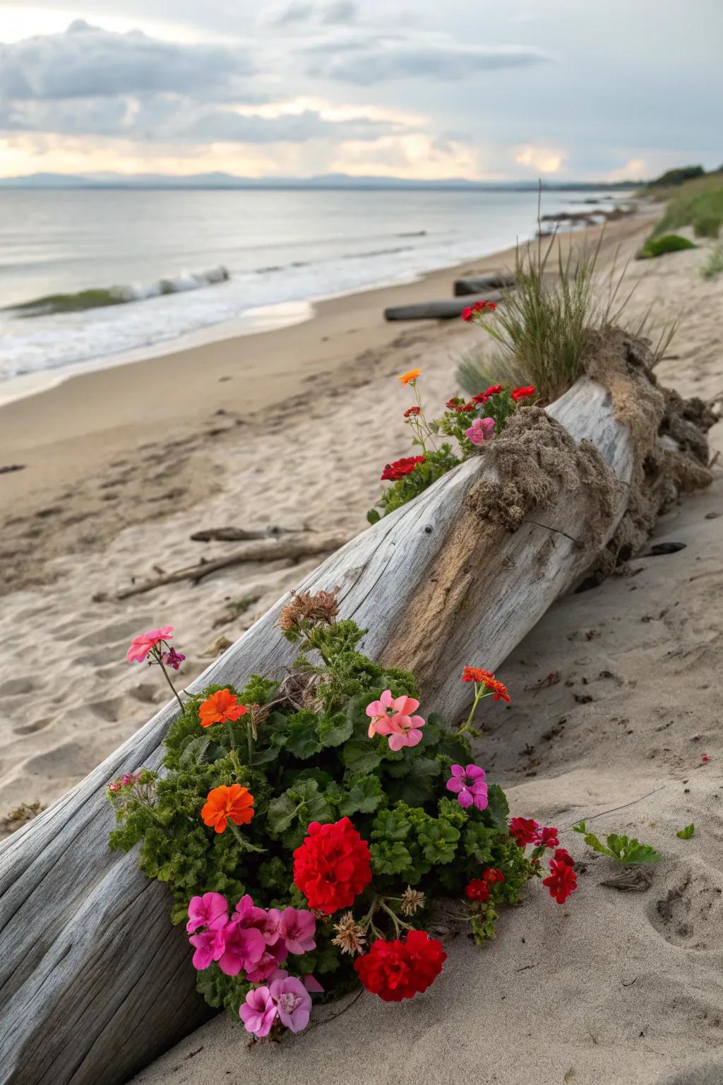 A coastline-inspired display of geraniums artistically arranged around driftwood.