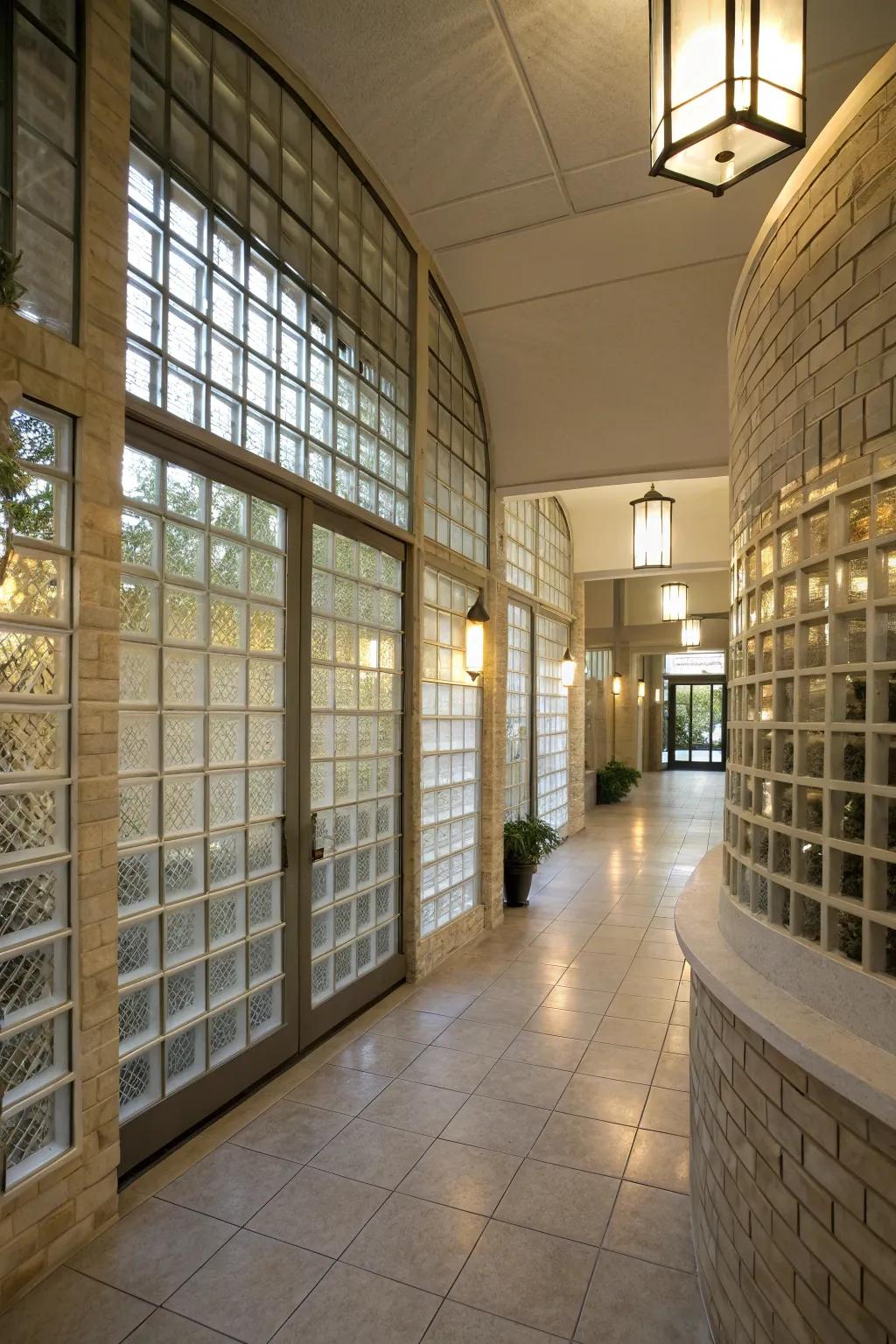 A connecting space featuring crystal cube walls, guiding light and improving the home's design.