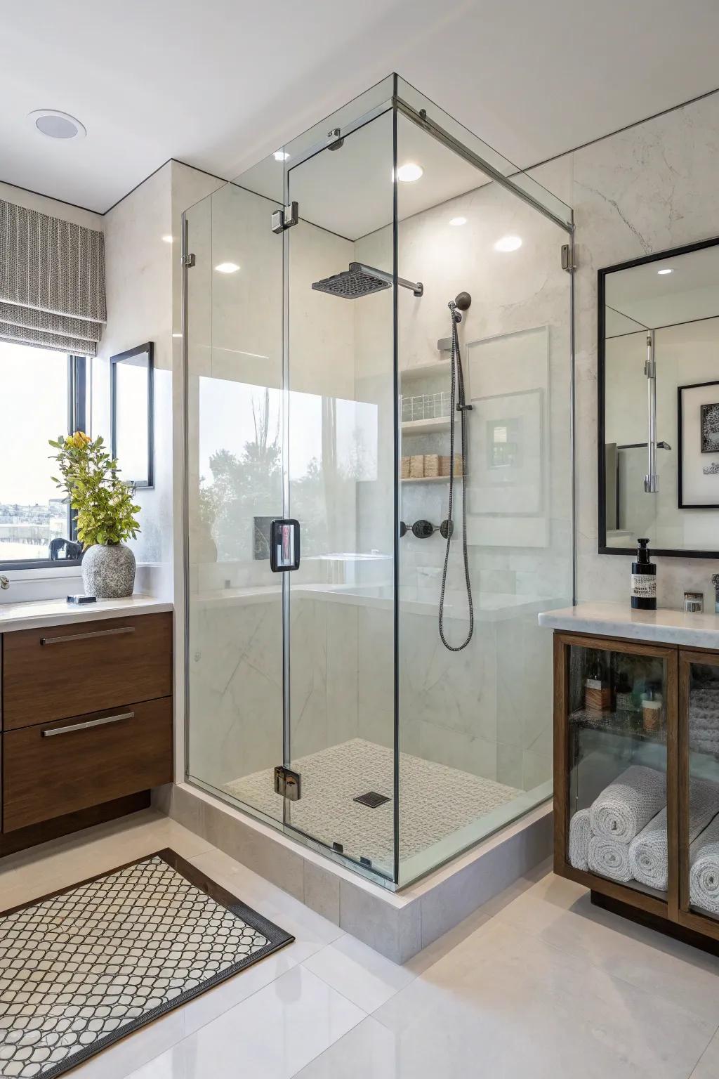 Stylish hardware elevates the shower's design.