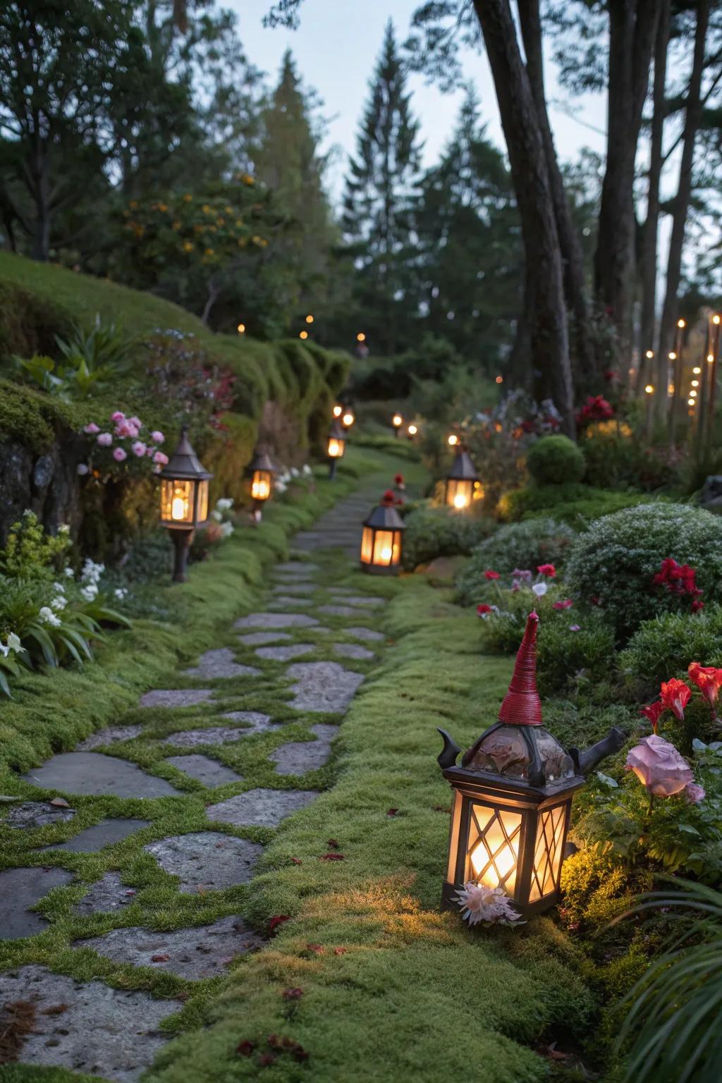 Gnome lanterns cast a magical glow over the garden.