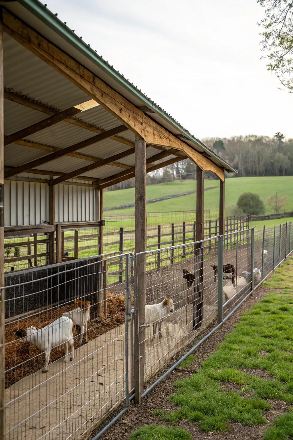Secure fencing ensures a safe environment for the goats.