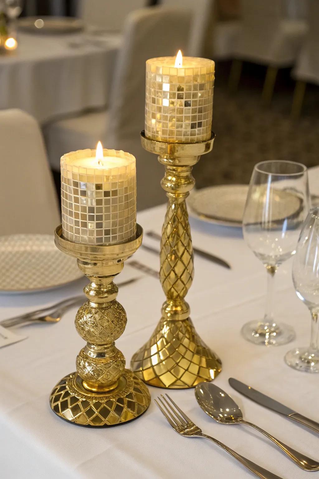 Dazzling gilded mosaic candle supports presenting a warm glow.