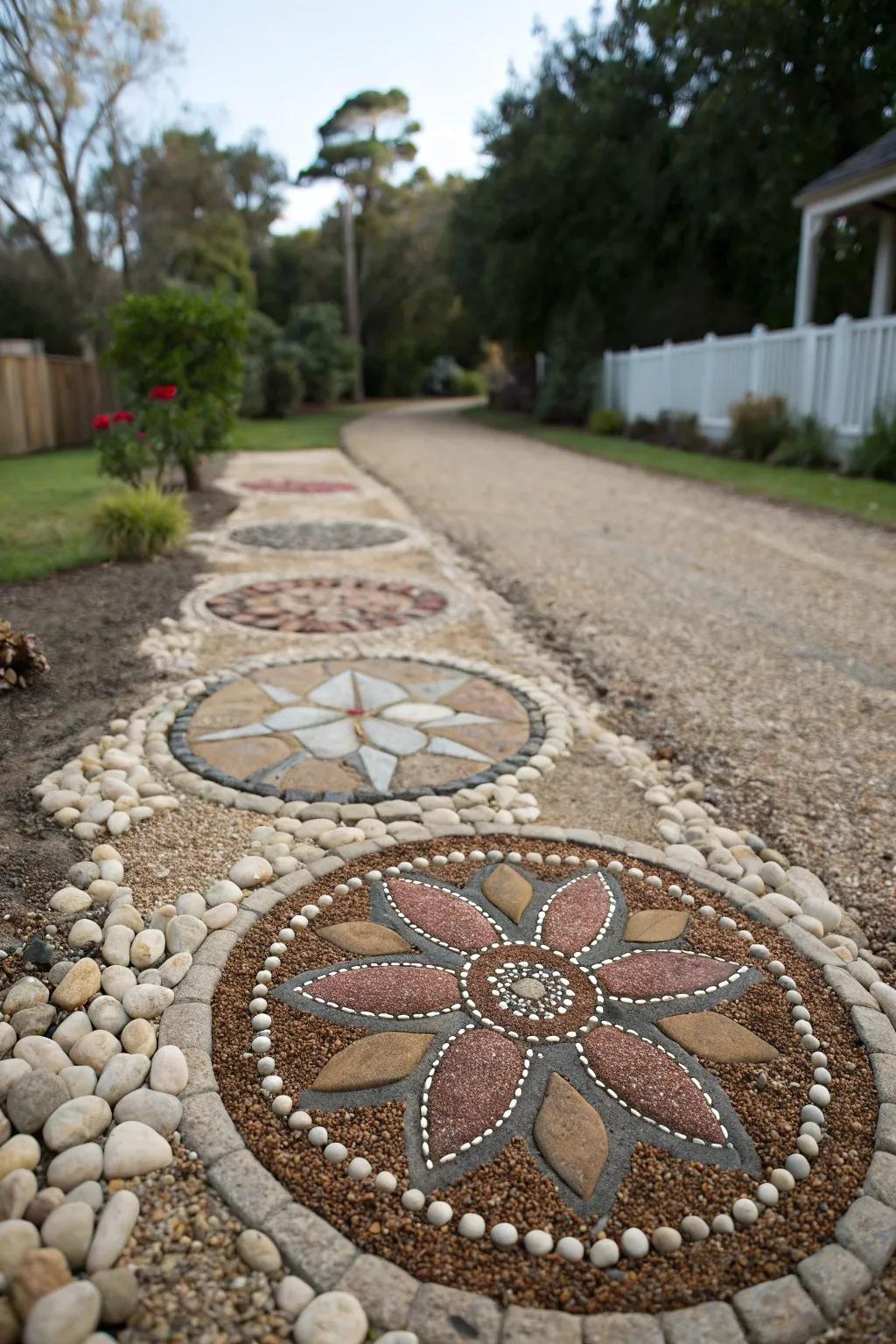 Artistic stone arrangements personalize this gravel pathway.