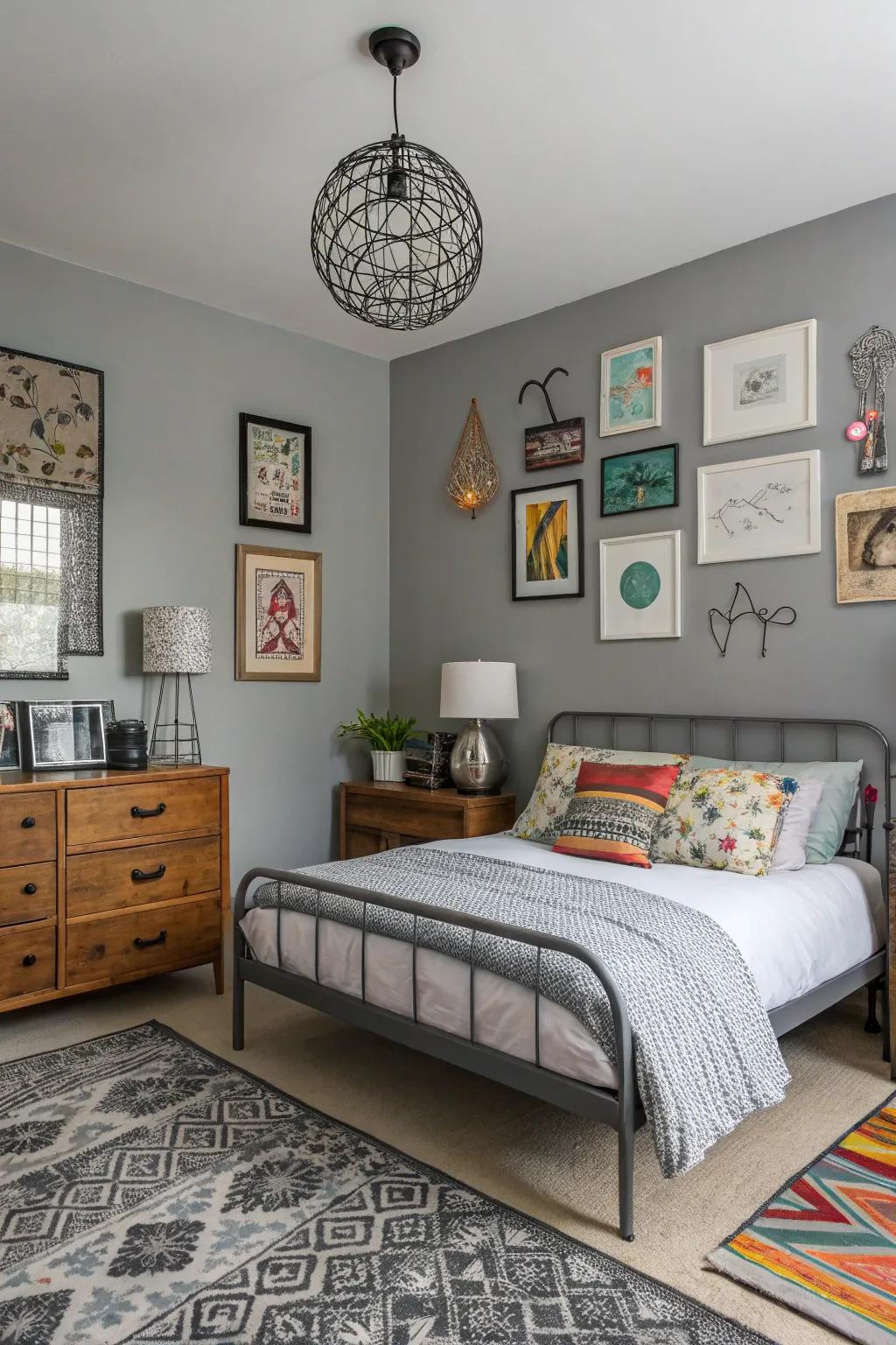 The inclusion of varied décor infuses the gray bedrooms with a distinctly individualized touch.