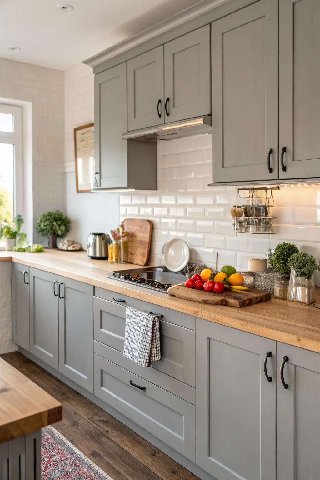 Butcher block countertops provide warmth to gray cabinets.