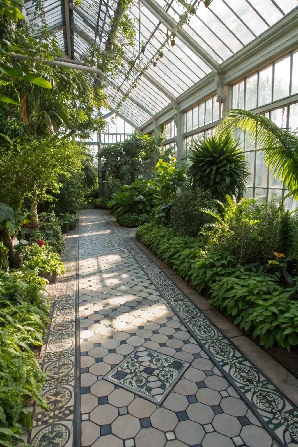 Schist tiles grant a rustic and polished greenhouse surface.