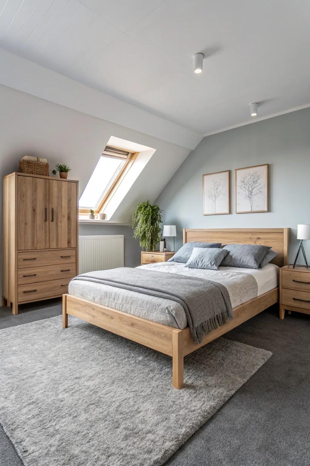 Scandinavian style enhances the grey carpet, establishing an airy and peaceful space.