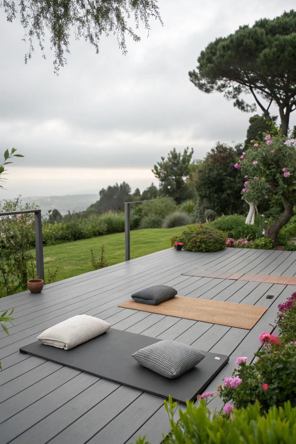 Serene yoga retreat on a peaceful grey deck.