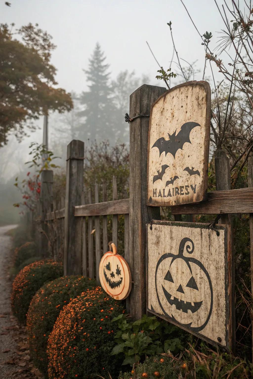 Vintage-inspired signs adding timeless charm to Halloween decor.