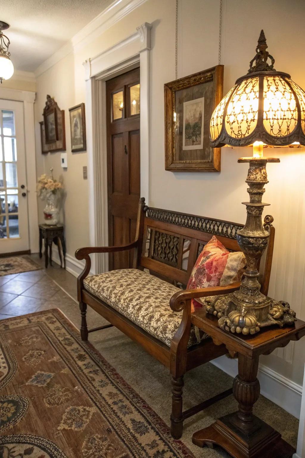 Vintage finds add personality and history to your hallway.