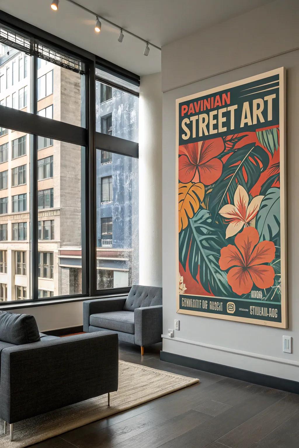 An island urban art visual injecting a contemporary touch into a modern living space.
