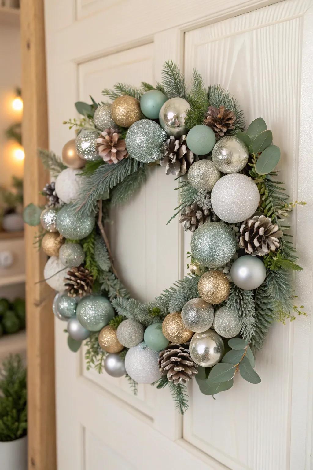 Elevate your holiday decorations with a handcrafted bauble wreath that sparkles with minimalist charm and festive cheer.