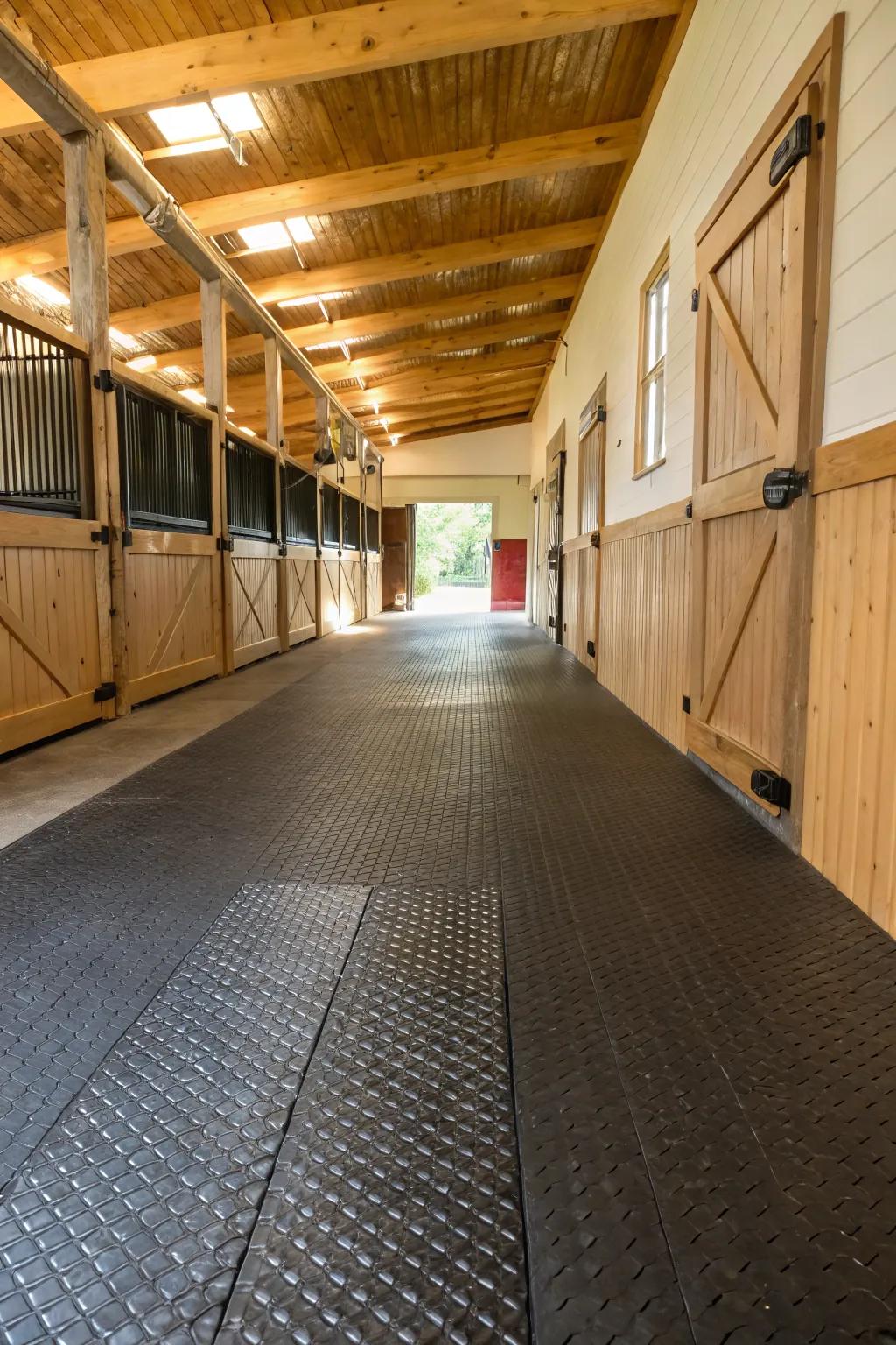SpringStep rubber offer a resilient and comfortable flooring choice for barn paths.
