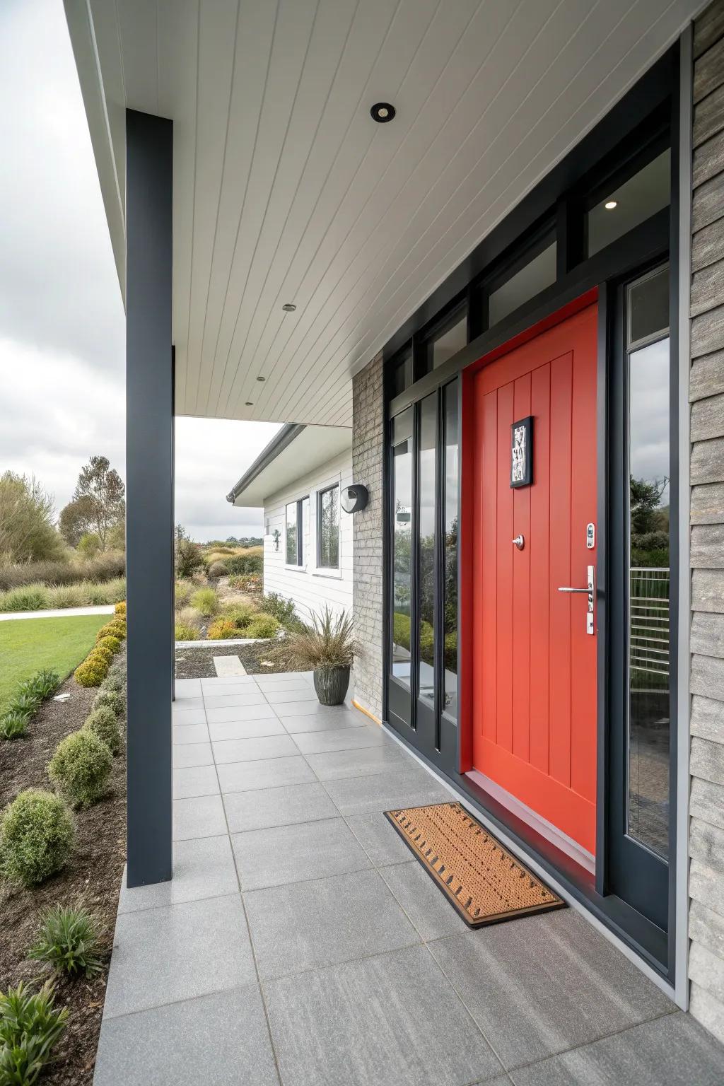 A modern entrance serves as the stunning centerpiece to this modern porch.