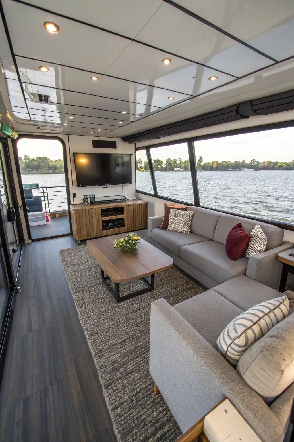 This houseboat has a flexible entertainment space that can be used for a variety of activities.