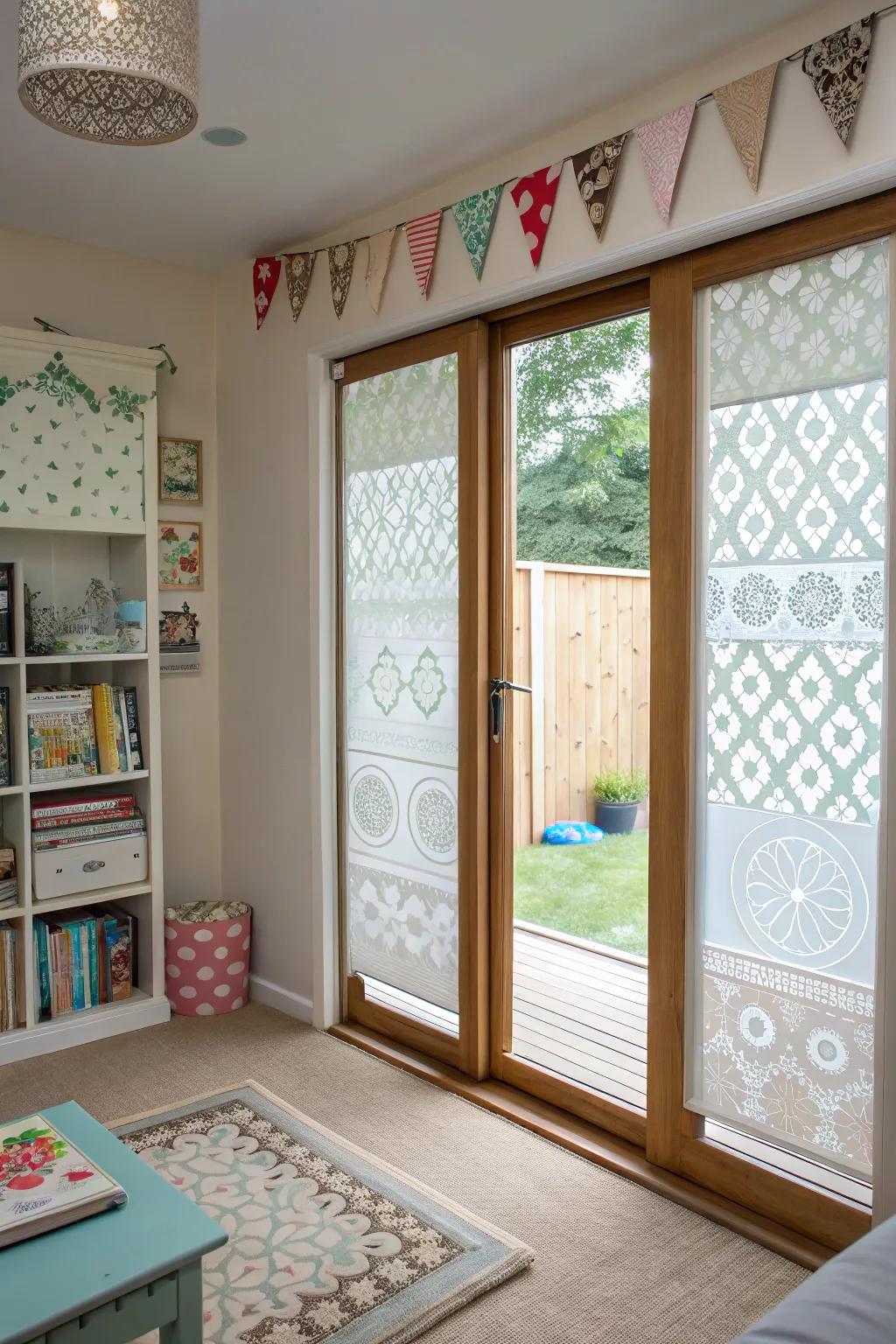 Decorative window film incorporates creativity and privacy.