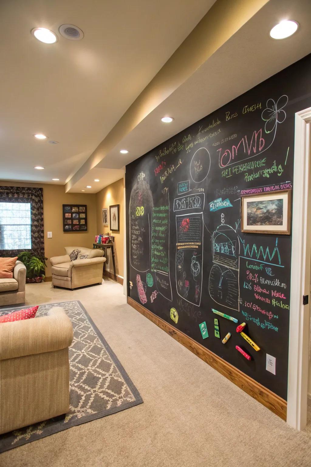 Interactive chalk walls invite creativity in shared spaces.