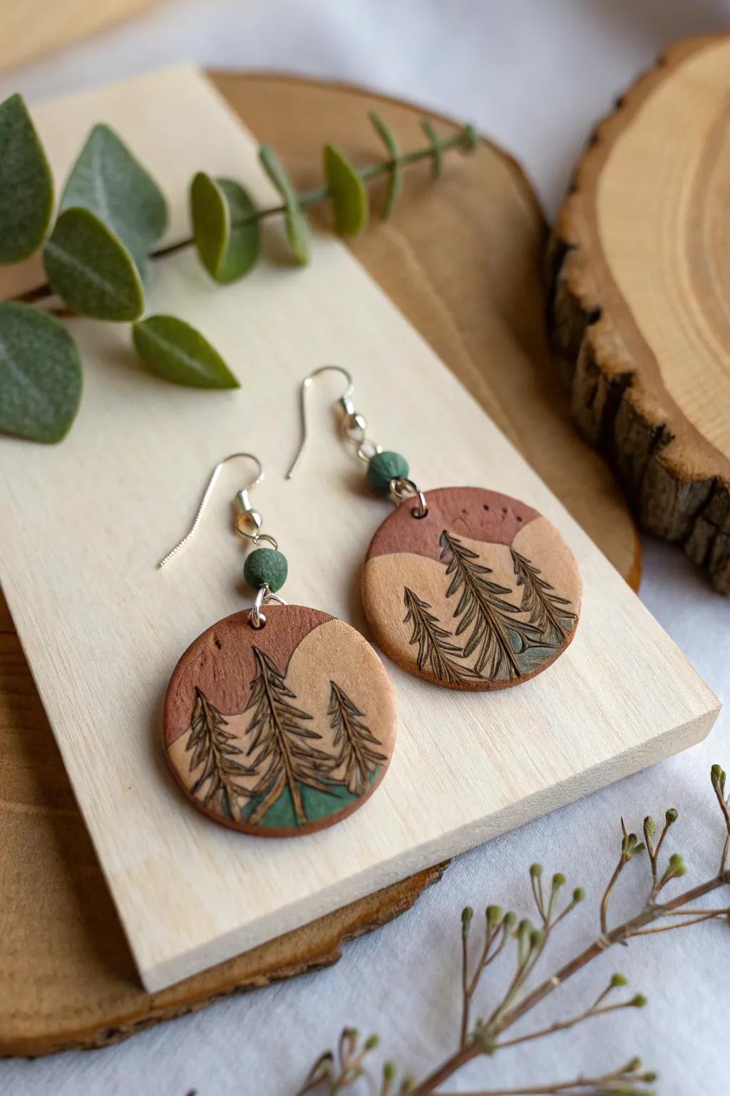 Embrace nature with these handcrafted clay earrings, bringing a touch of the forest to your style.