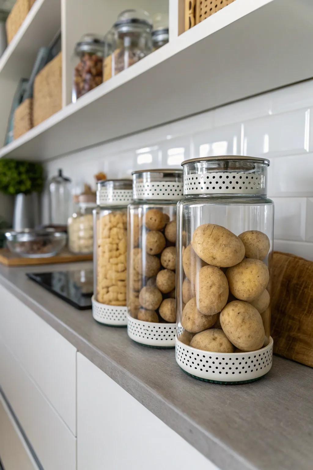 Glass vessels stylishly organize root vegetables for effective storage.
