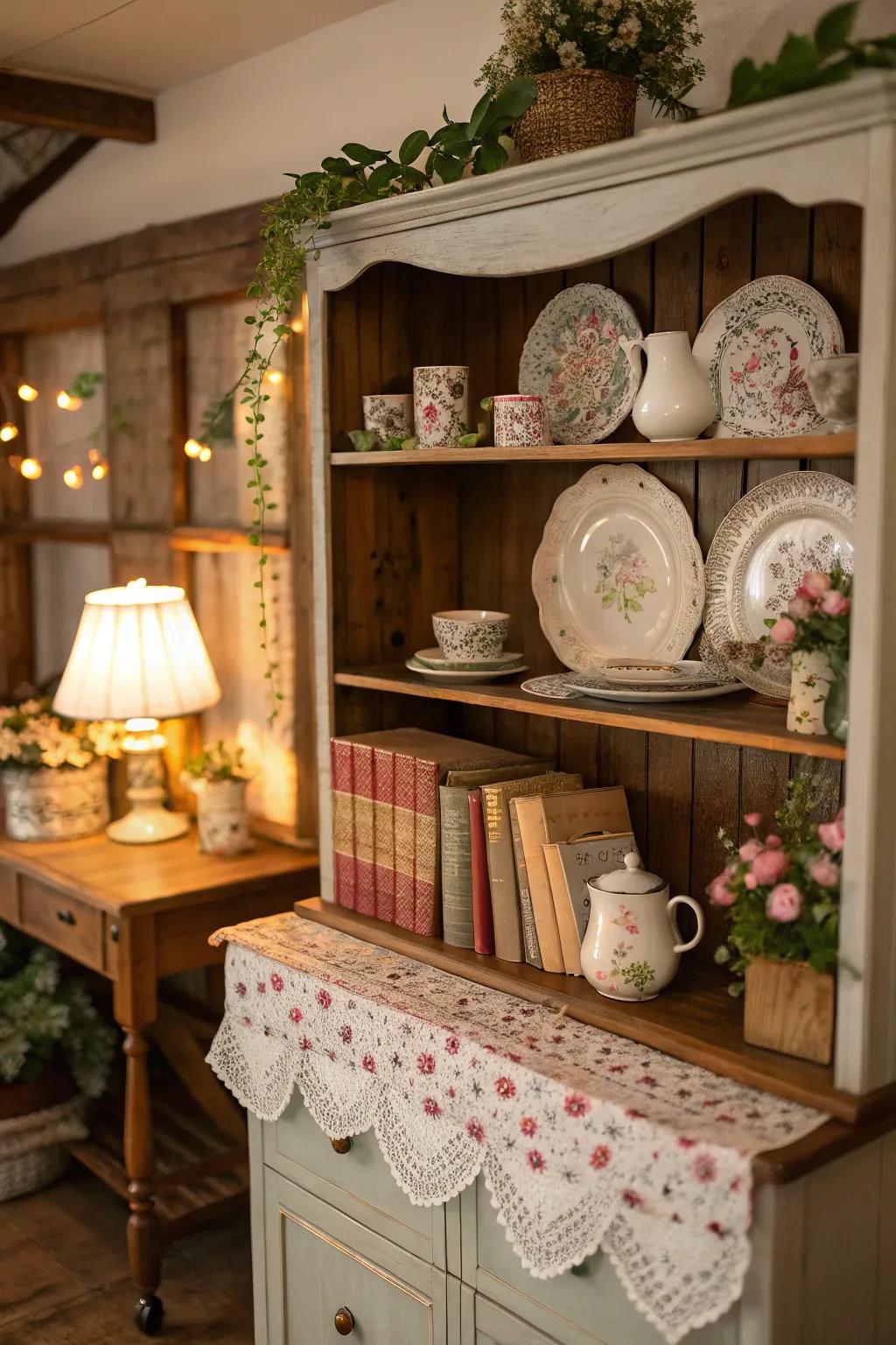 Cottage core elements establish a cozy, whimsical charm.