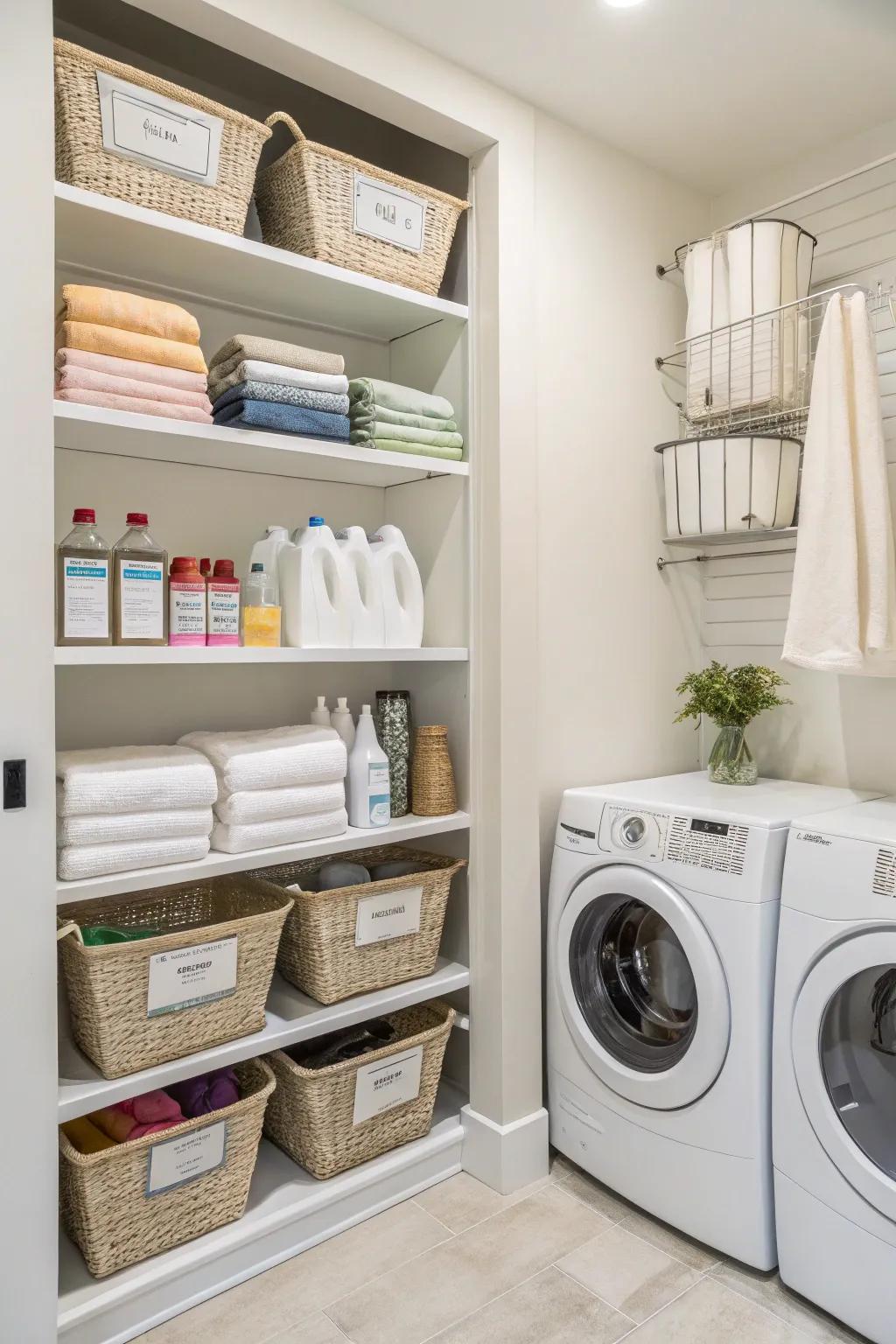 Simplify your laundry routine with organized recessed shelves.