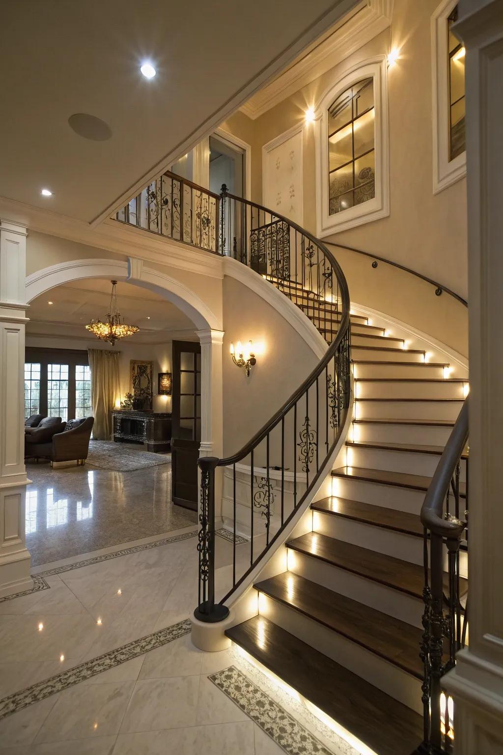 Combined illumination in railings adds safety and ambiance.