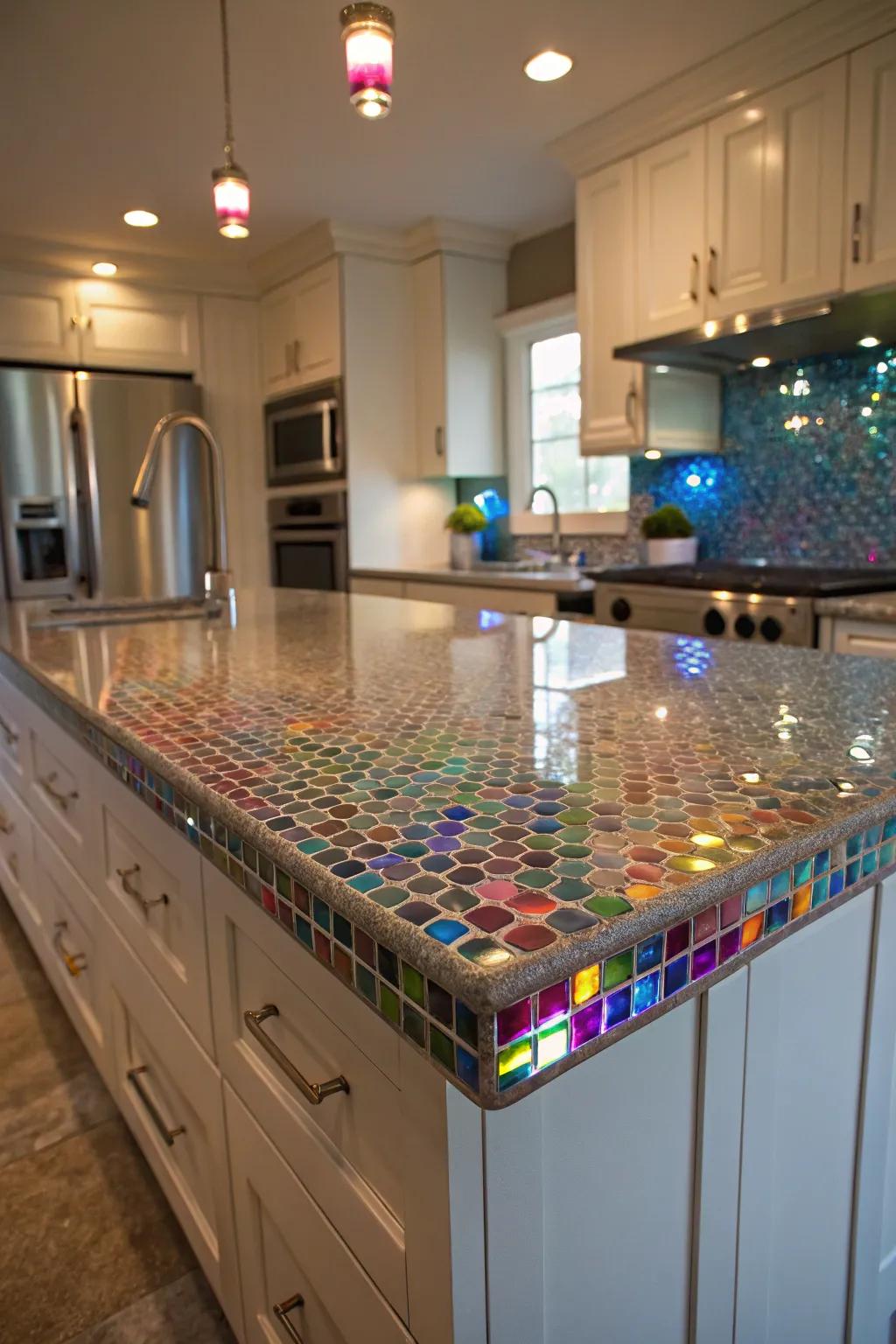 Clear mosaic tiles bring a touch of elegance and sparkle to kitchen countertops.