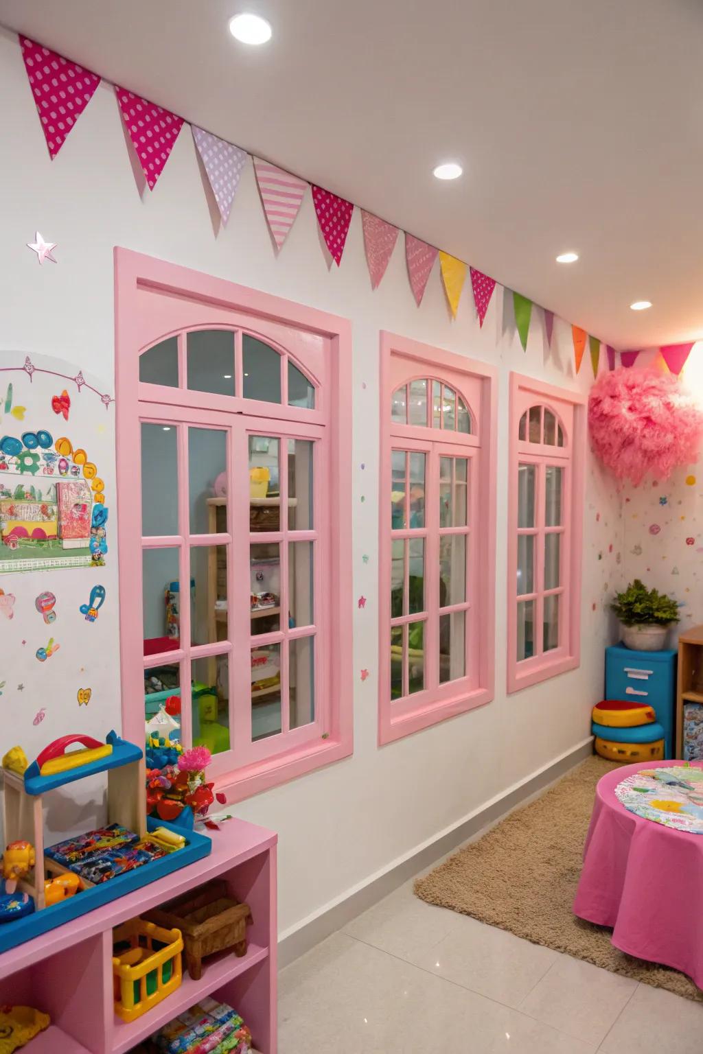 Pink frames contribute a playful and cheerful touch.