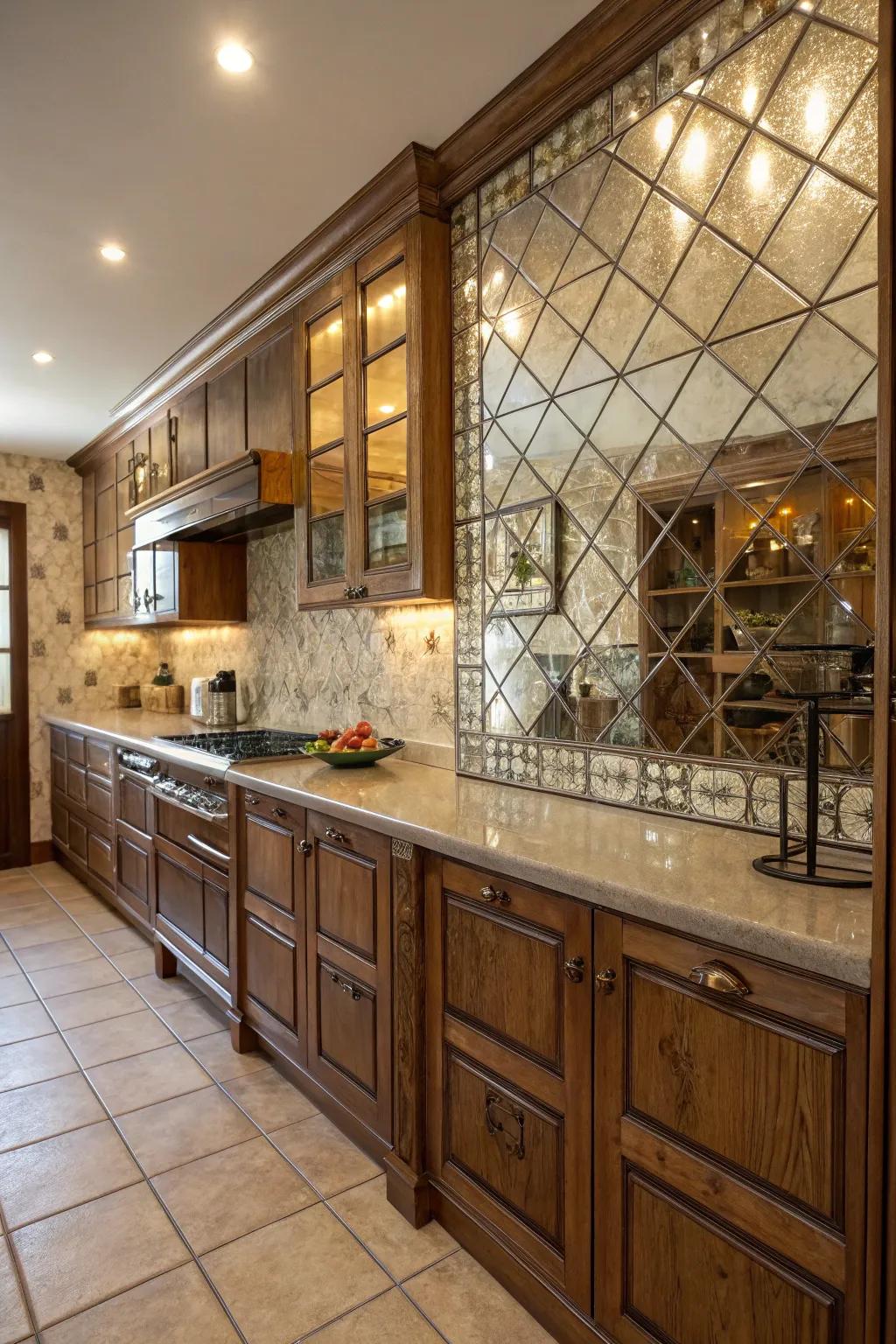 Aged reflective tiles enhance the kitchen's vintage charm.