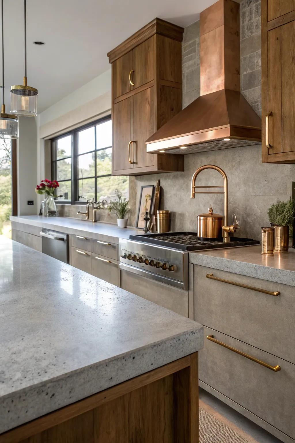 A luxurious cooking area with cement worktops and metallic accents.