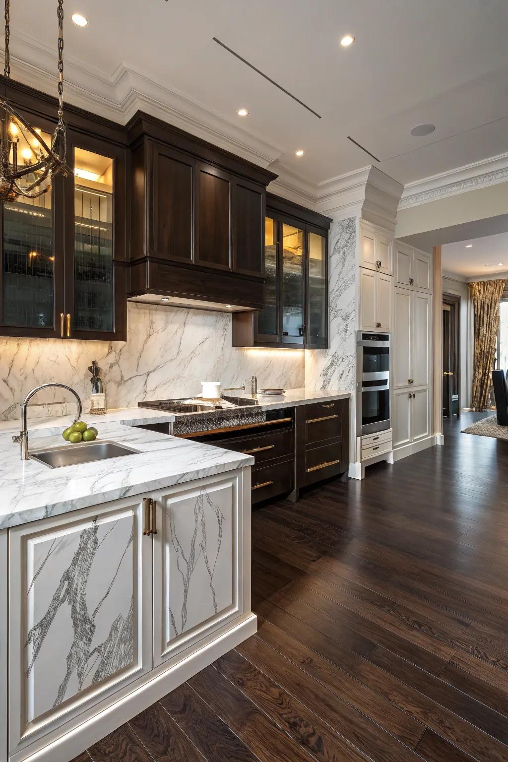 Stone surfaces imparting elegance to this kitchen featuring dark floors.