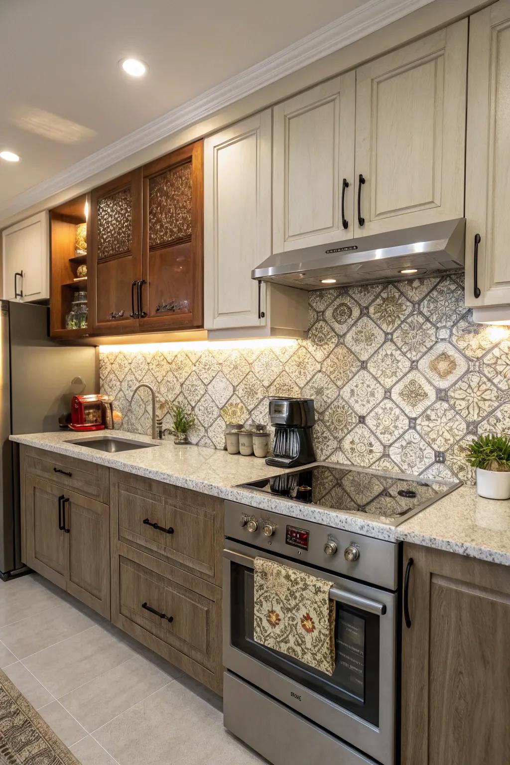 Unique surface textures within a panel backsplash incorporate understated persona.
