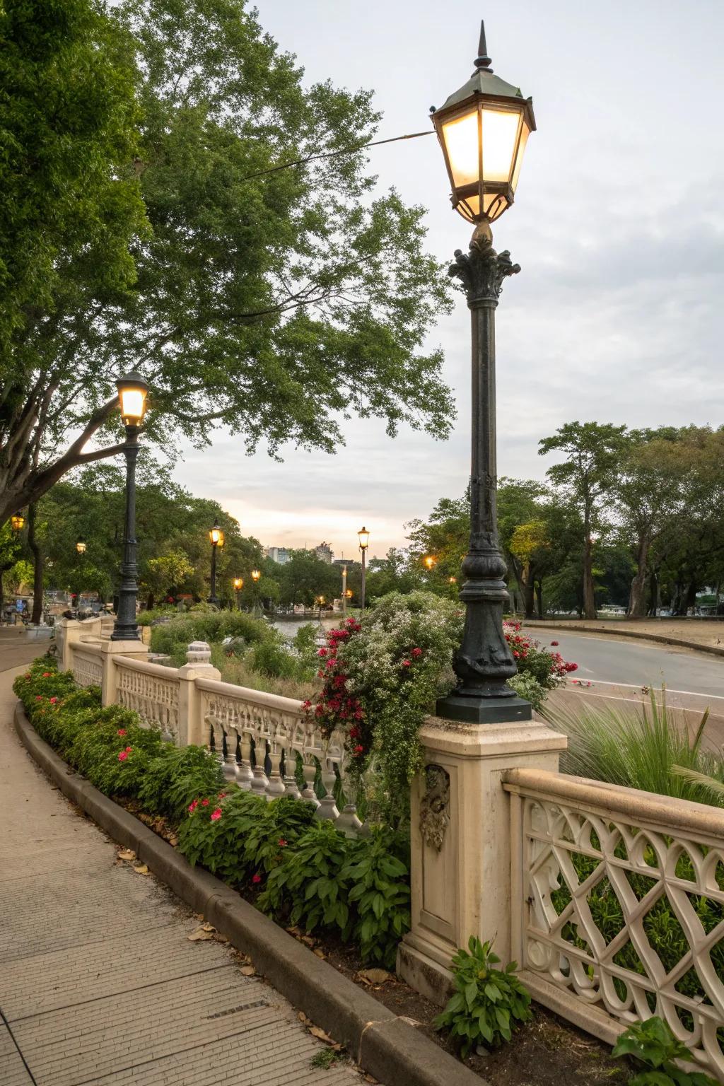 Ornamental fencing enhancing appeal to a lamp post landscape.