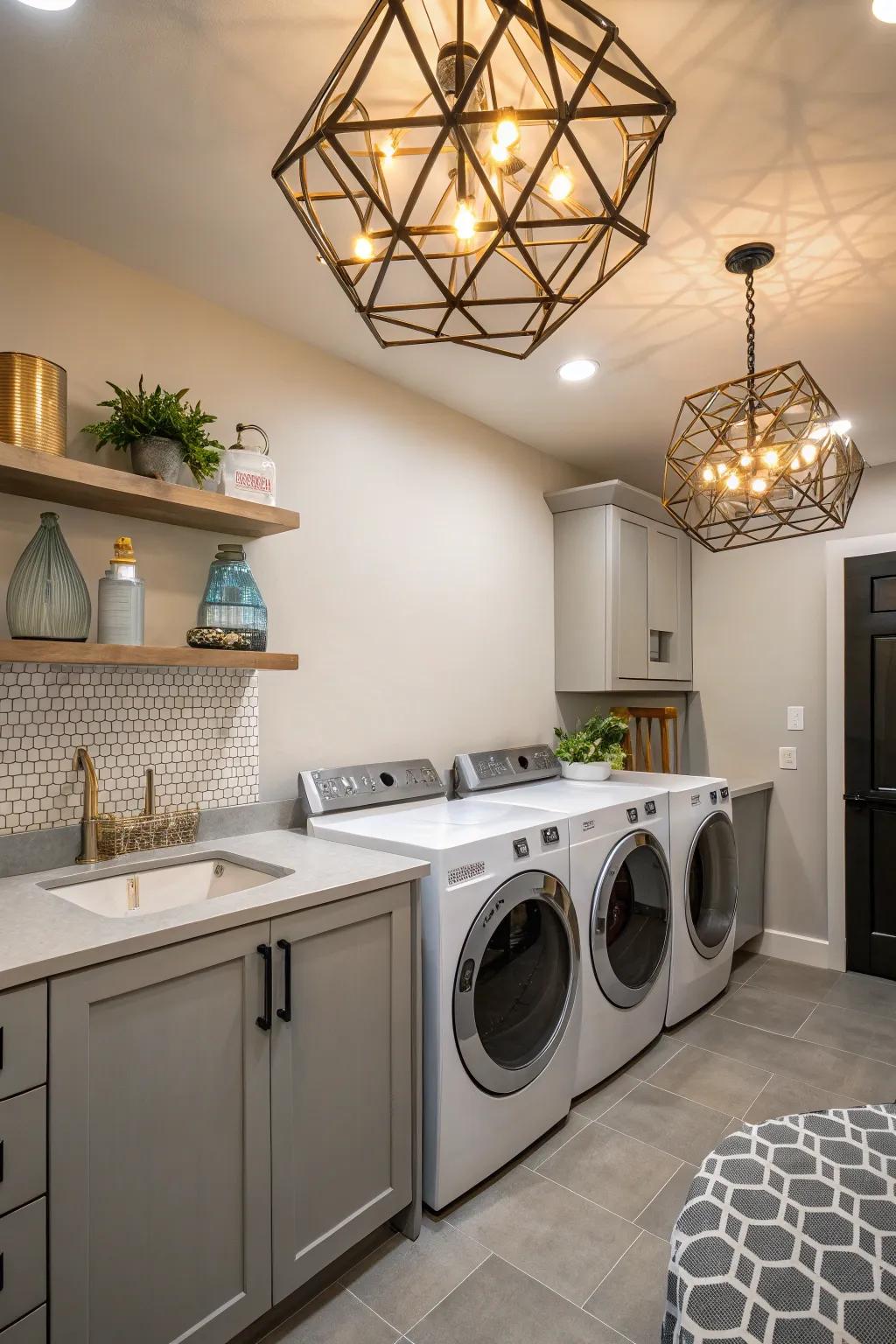 Geometric fixtures infuse artistic flair to your laundry area.