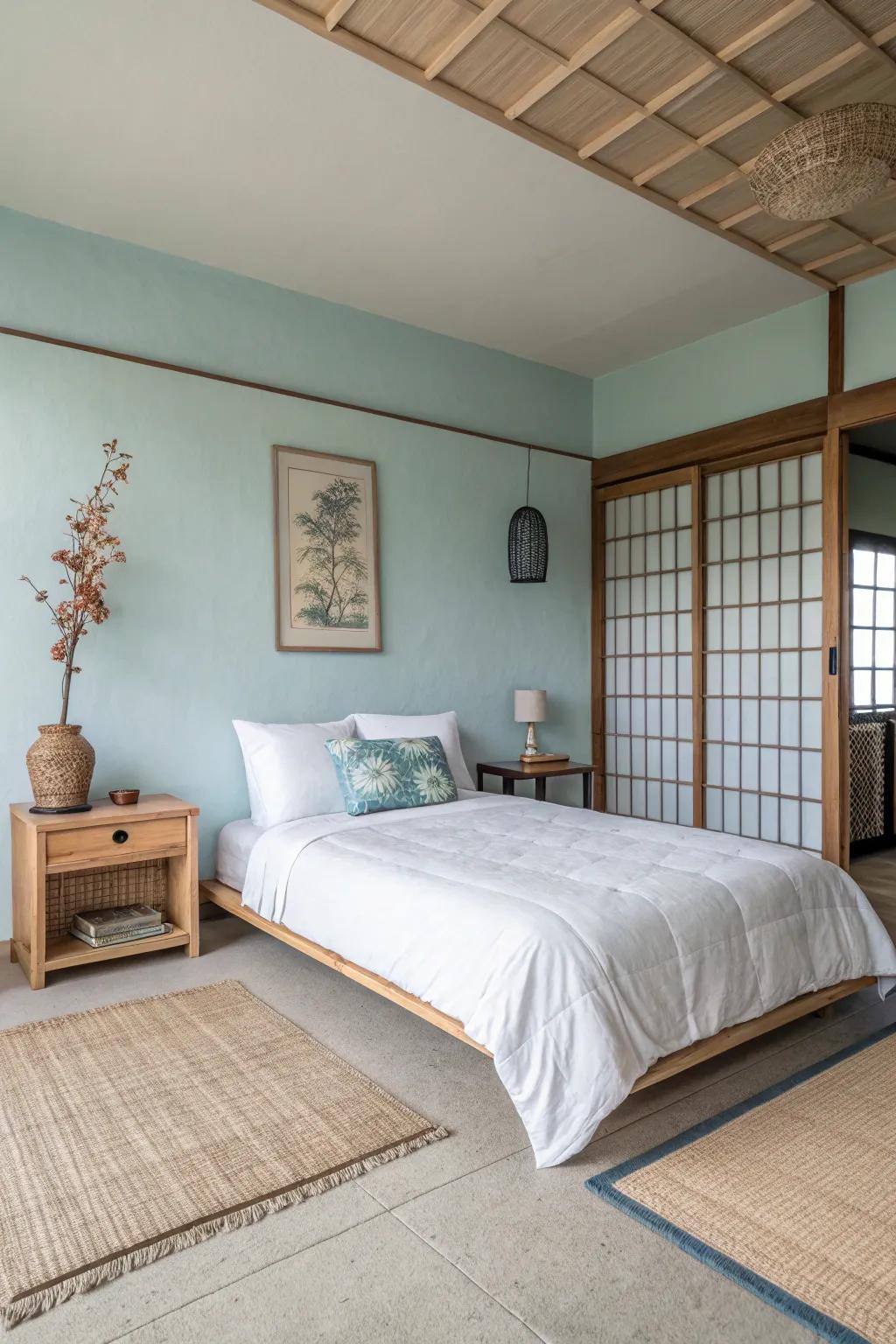 A Zen-inspired sleeping quarter features calming sky blue and minimalist decorations for enhanced relaxation.