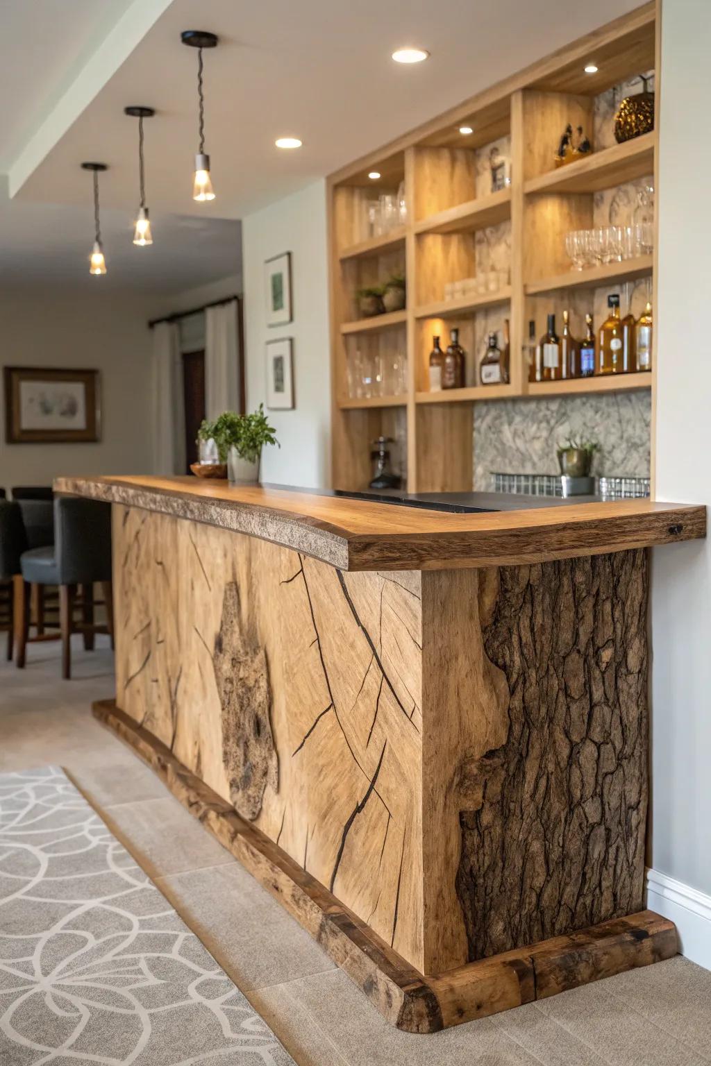 A unique live edge bar with built-in shelves and distinctive finishes is customized to individual tastes.