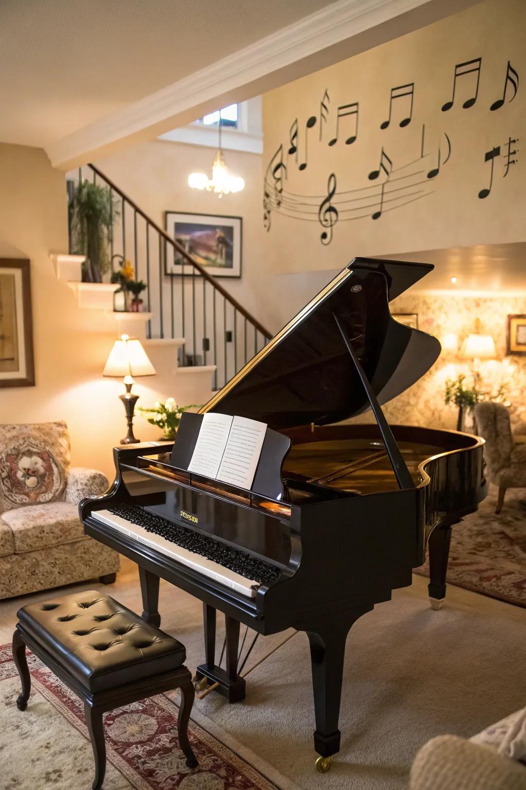 A piano is both a musical and decorative element in a corner.