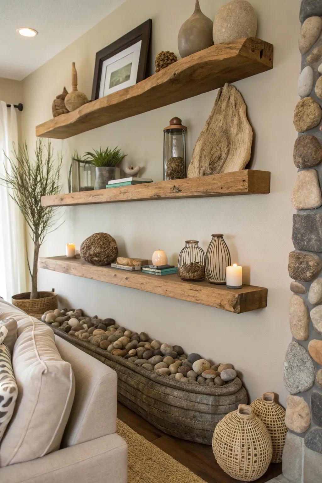 Bring the outdoors in with natural elements on shelves.
