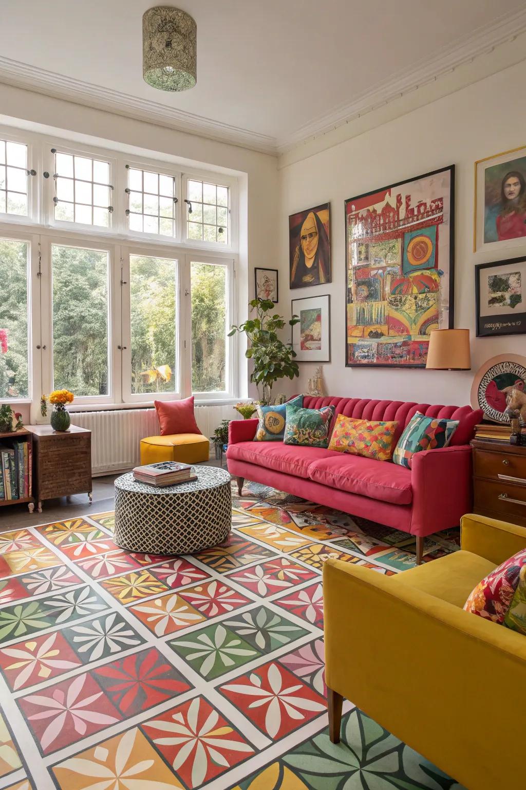 Artistic vinyl flooring adds personality and flair with bold patterns.