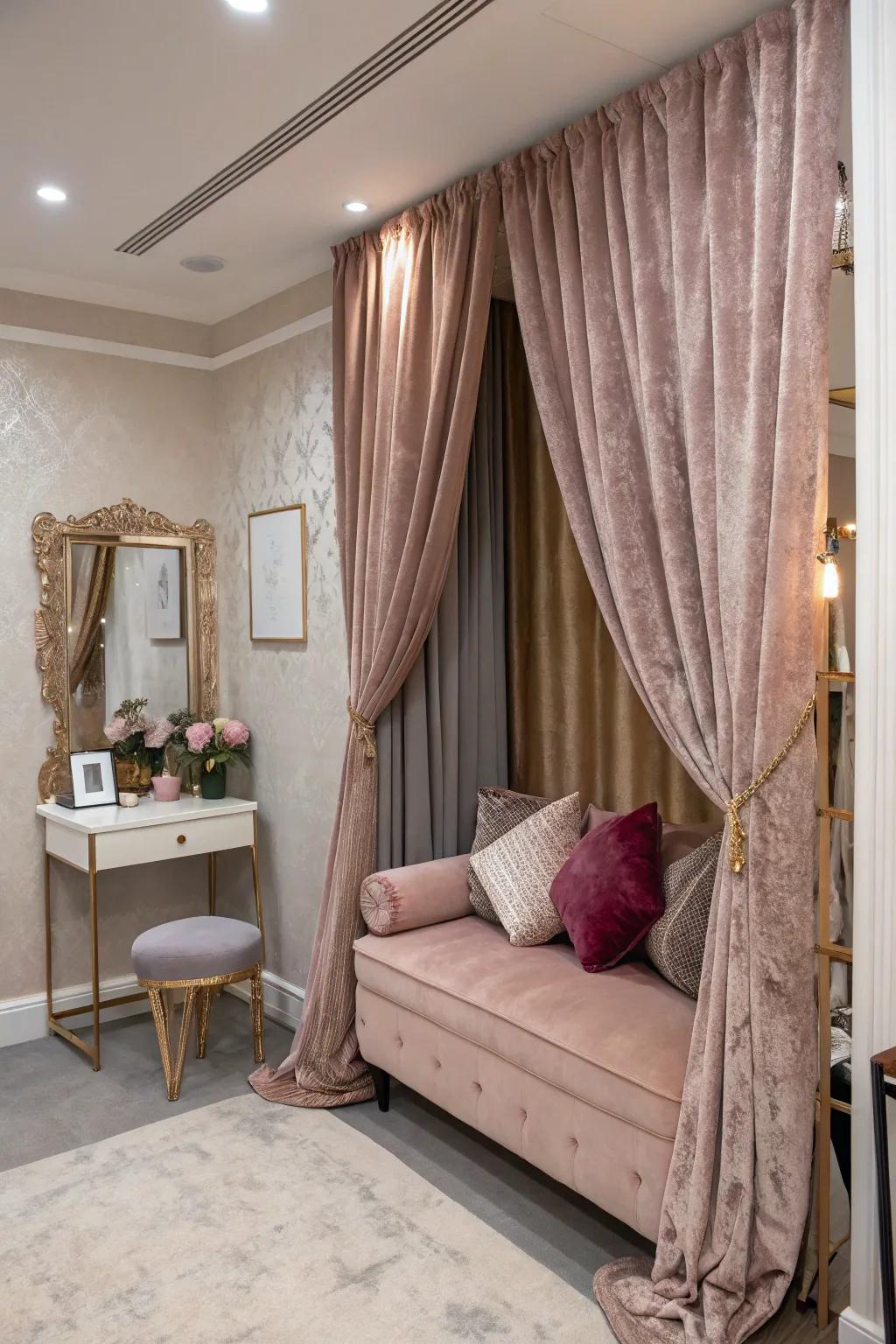 Luxurious fabrics enhance elegance and comfort.